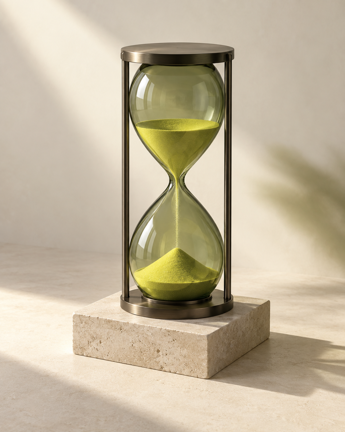 An olive glass hourglass with chartreuse sand on a sunlit limestone plinth.