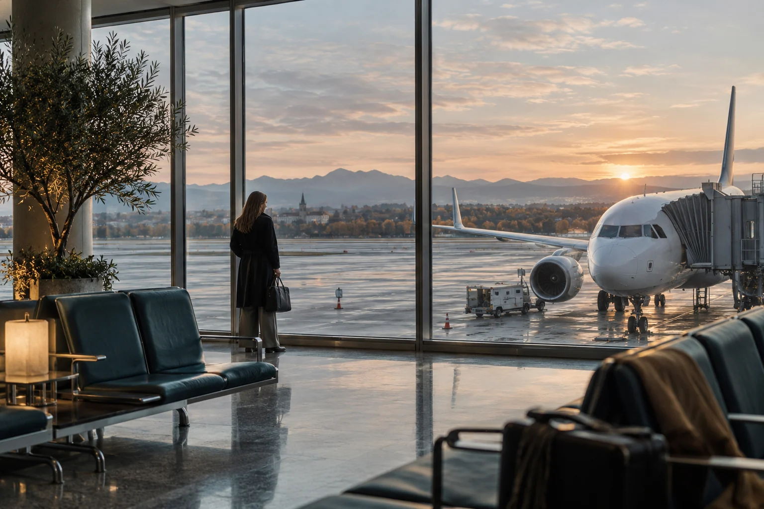 Autumn light across a quiet European airport gate and an aircraft beyond the glass