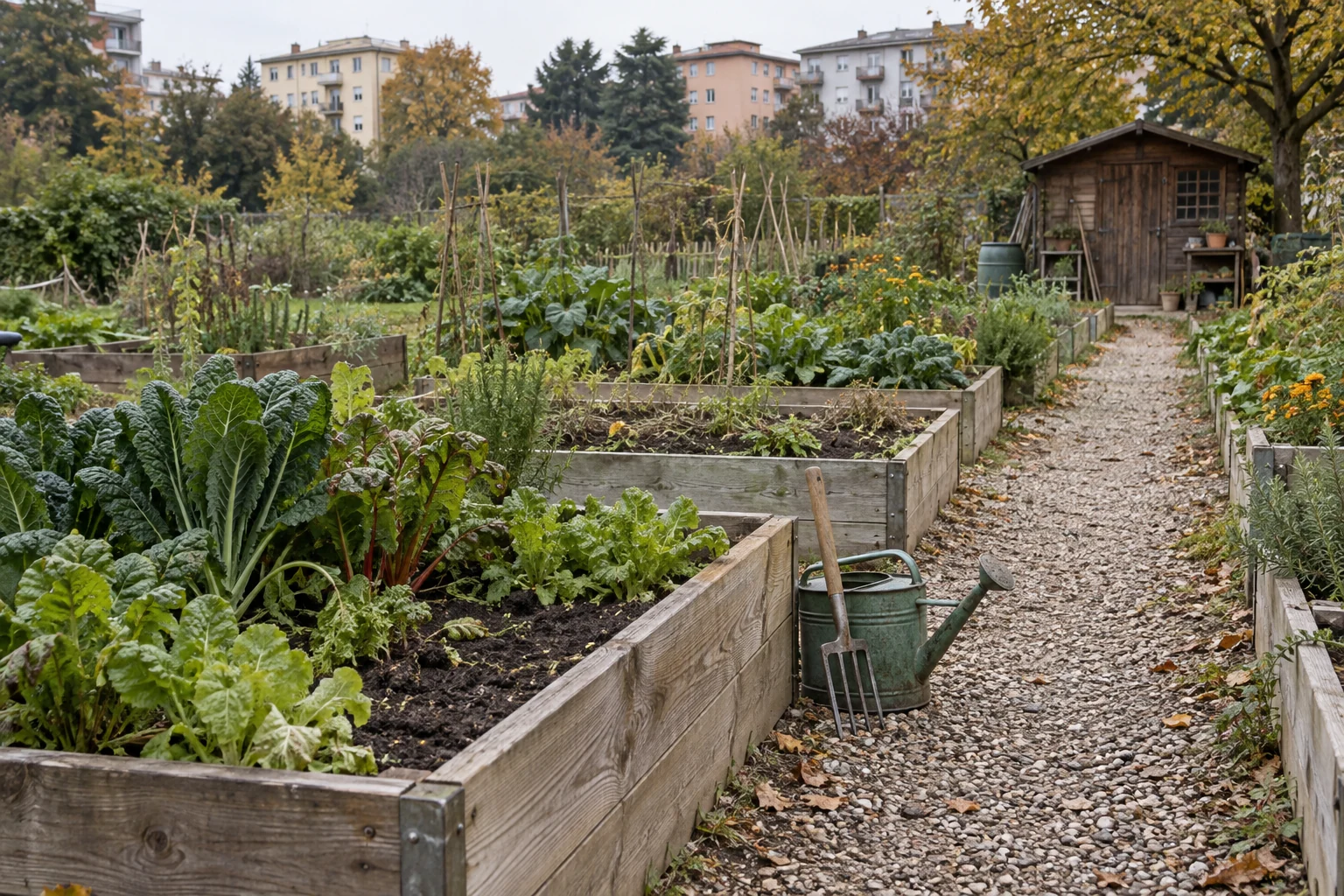 Autumn allotment beds with a watering can beside a gravel path and shared shed.