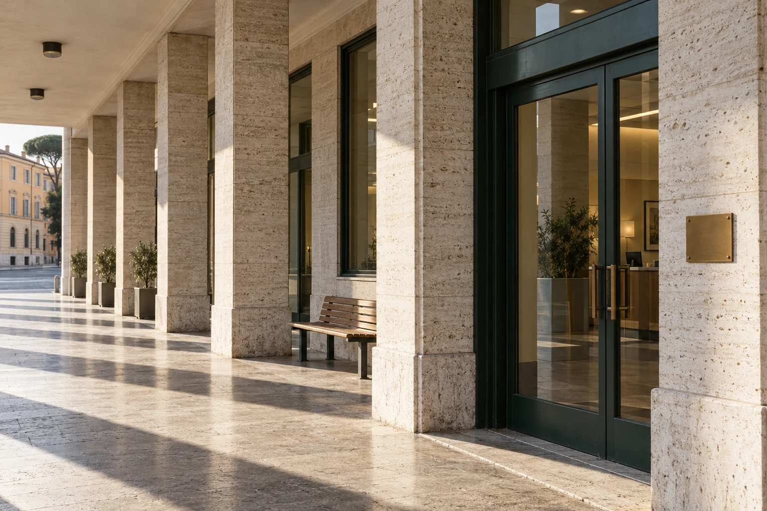 Morning light across a travertine arcade and a quiet green bank entrance