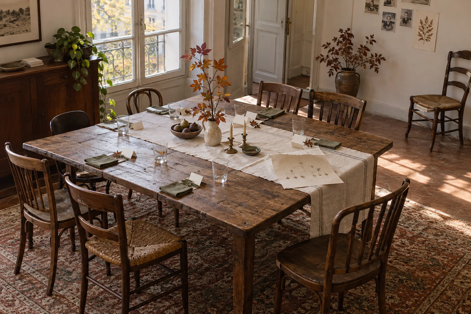 A reunion table with empty wooden chairs, printed places and a family diagram