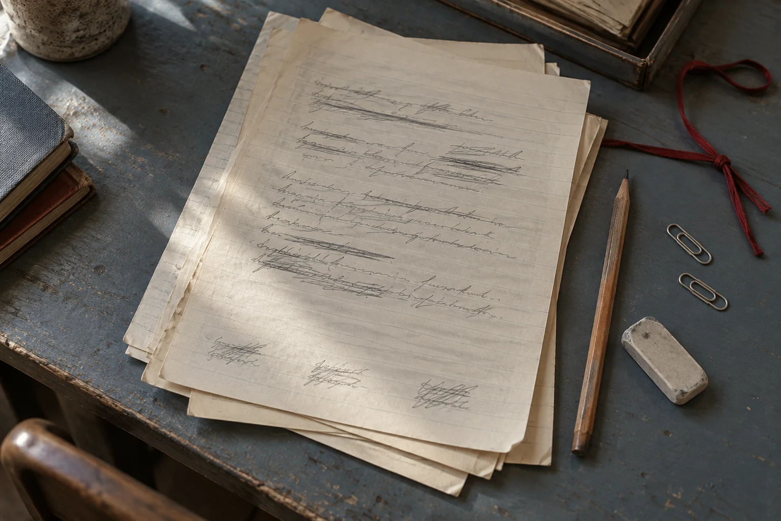 Rough pencil marks and crossings-out on ruled paper at a writing desk.