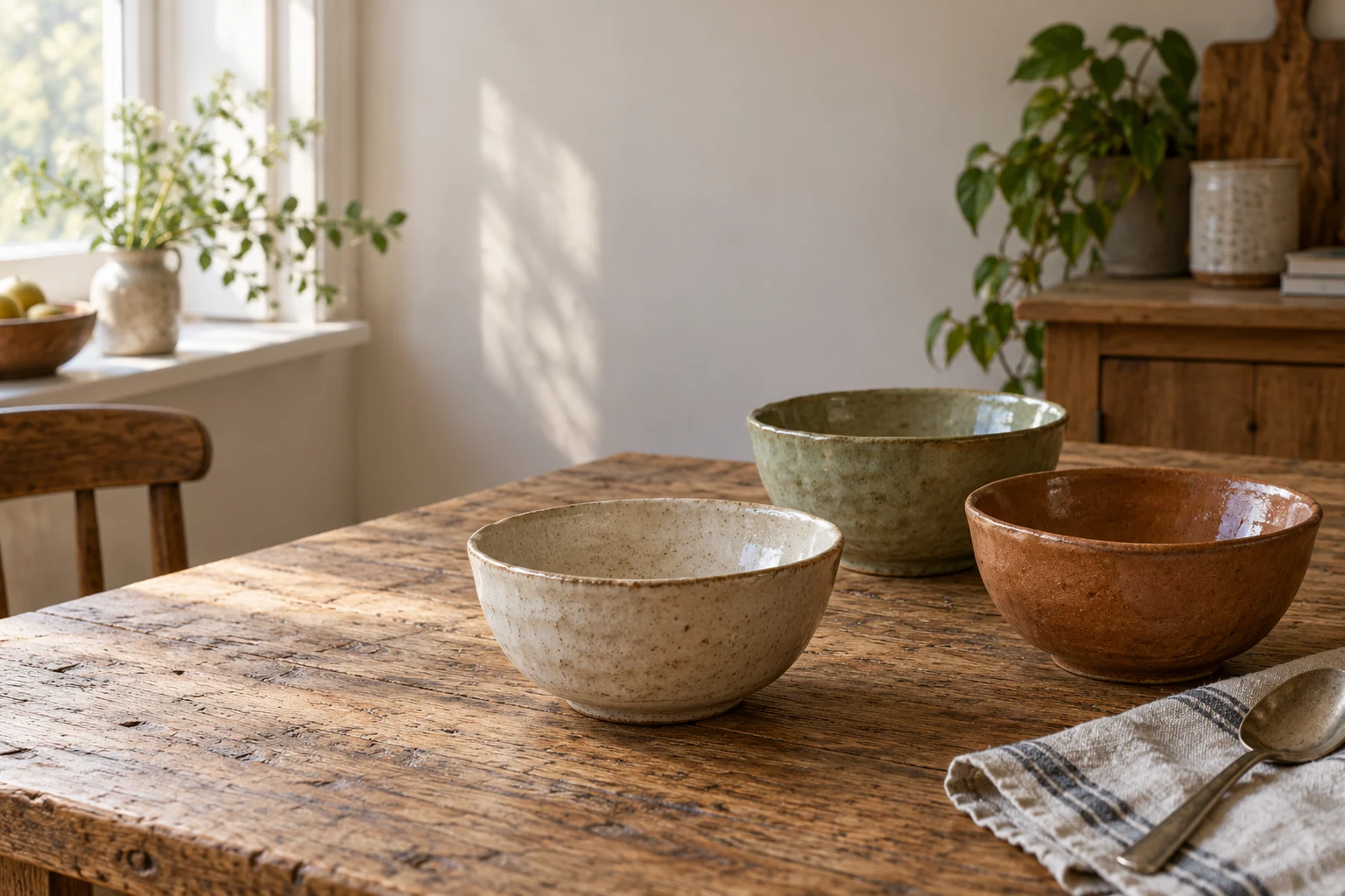 Three hand-thrown bowls with uneven rims, in warm white, clay red and rain grey
