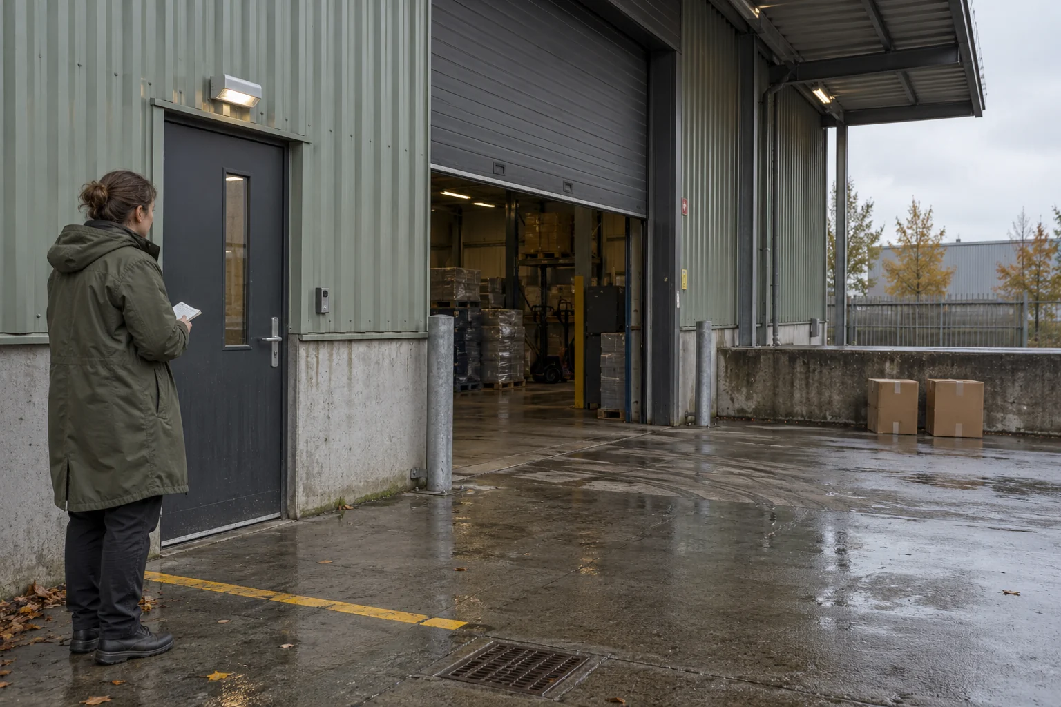 An observer with a paper notebook stands at a warehouse pedestrian entrance after rain