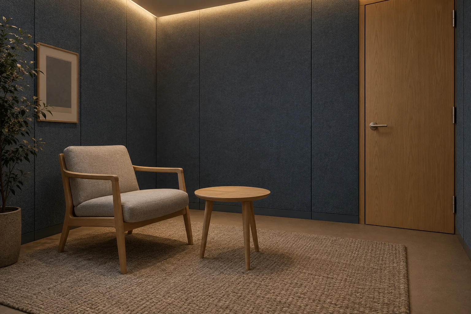 A quiet room with slate walls, an oak chair and table, and a physical timber door.