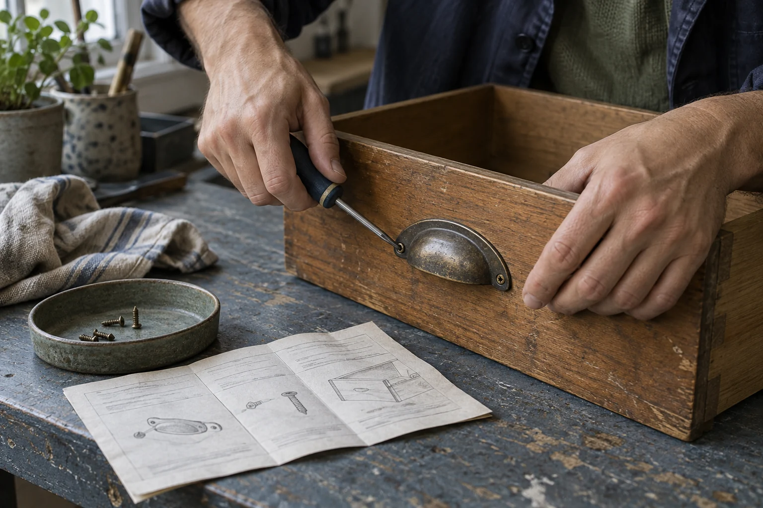 Hands secure a metal drawer handle with a screwdriver on a worn workbench