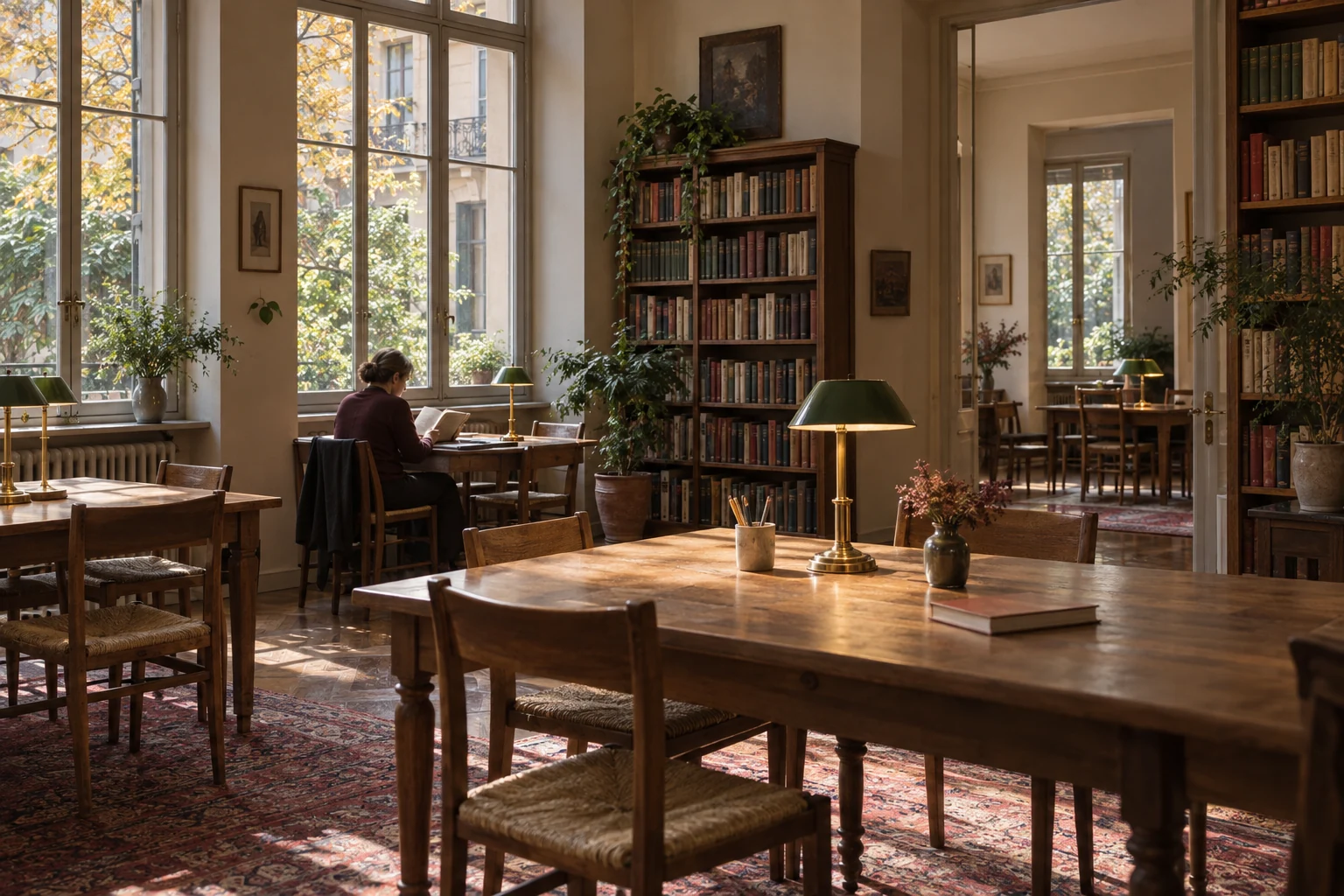 Wooden reading tables beside autumn courtyard windows.