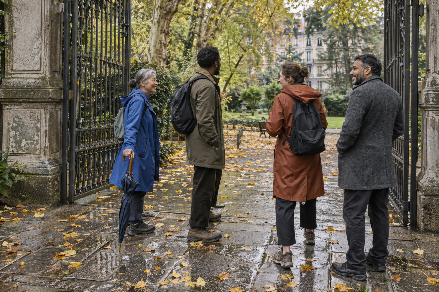 Four walkers gathered at a garden gate after light rain.