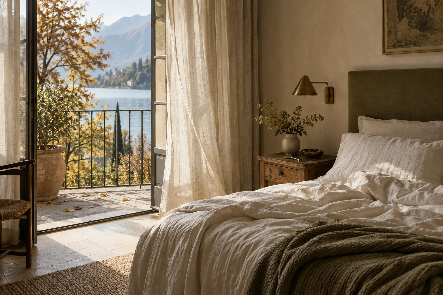 Photorealistic boutique hotel room beside an Italian lake, linen curtains, unmade linen bed, warm autumn light