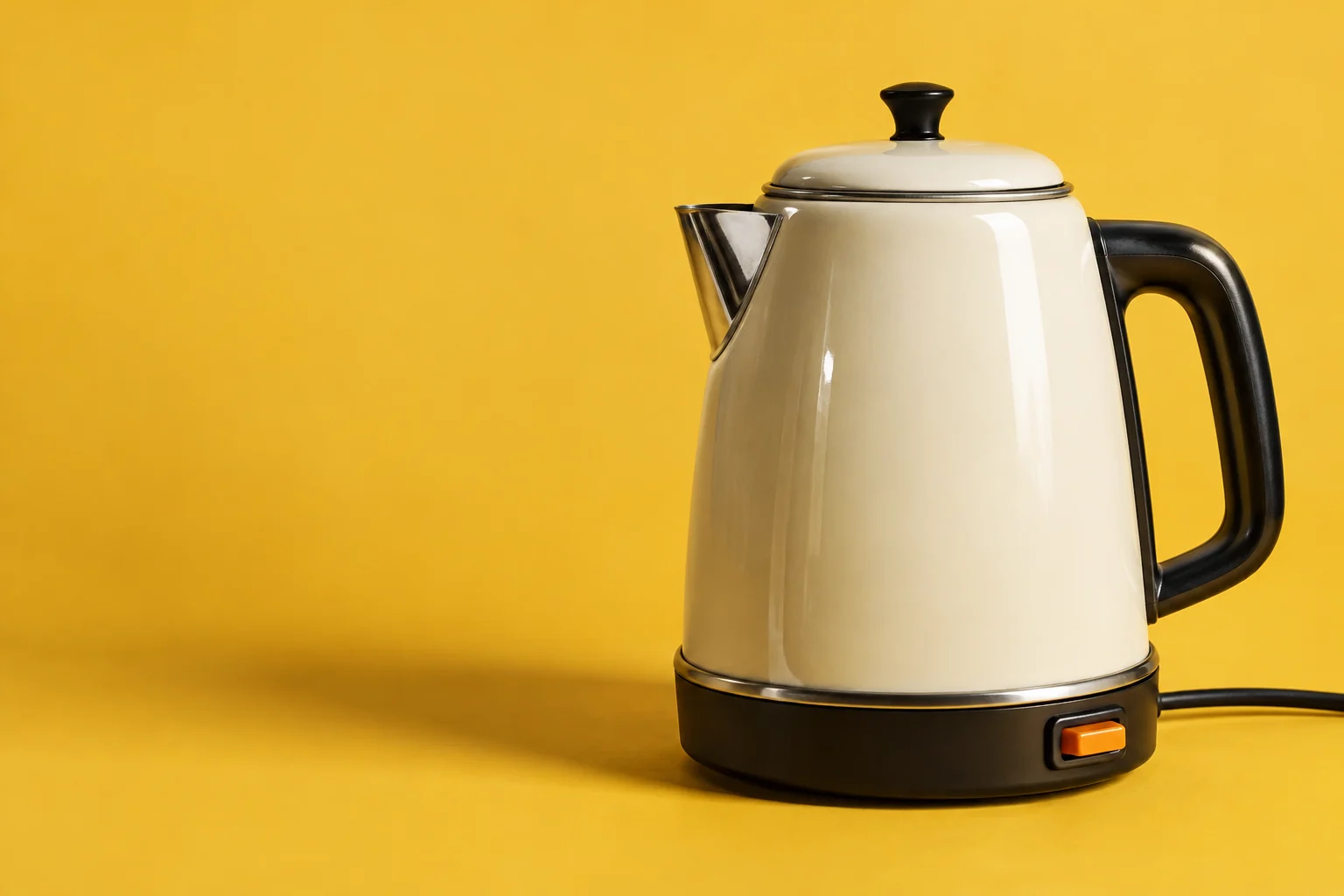 Studio product photograph of a simple cream metal kettle with a large physical orange switch on a yellow backdrop