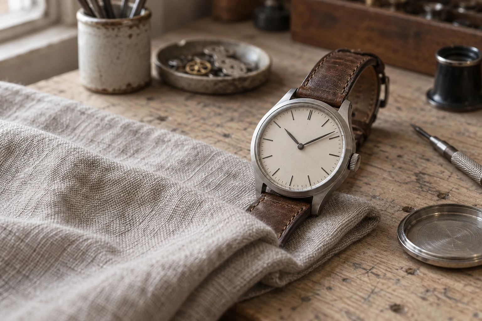 A hand-wound mechanical watch on a linen-covered workshop bench.