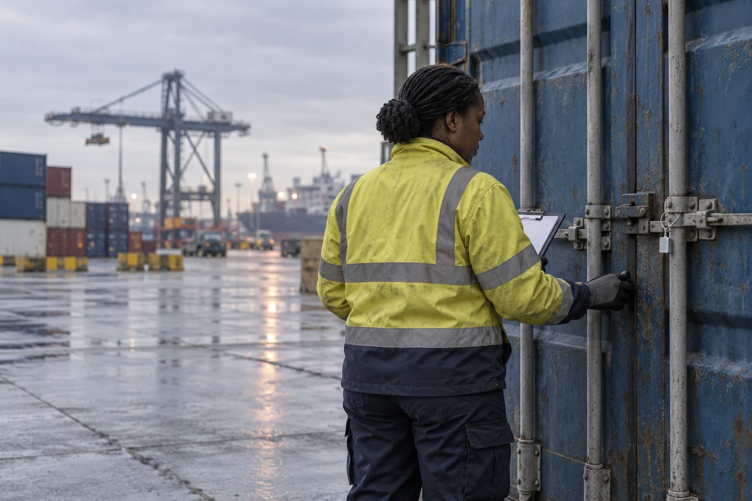 A human port inspector at a closed container latch.