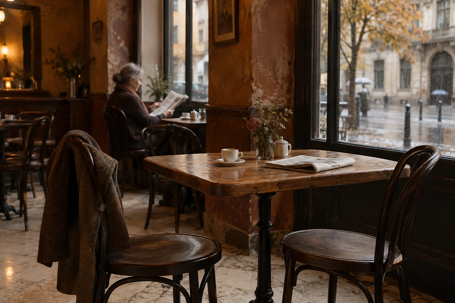 A wooden café table, an espresso and an afternoon newspaper beside a rain-streaked Milan window